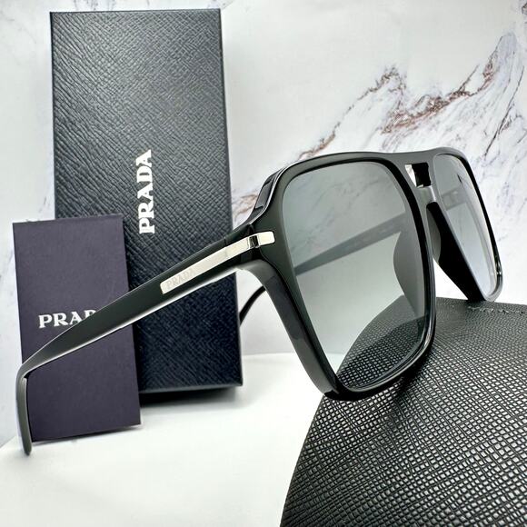 NEW PRADA Sunglasses Black Aviator Pilot 55-17mm Grey Lens Silver Logo - Picture 2 of 16